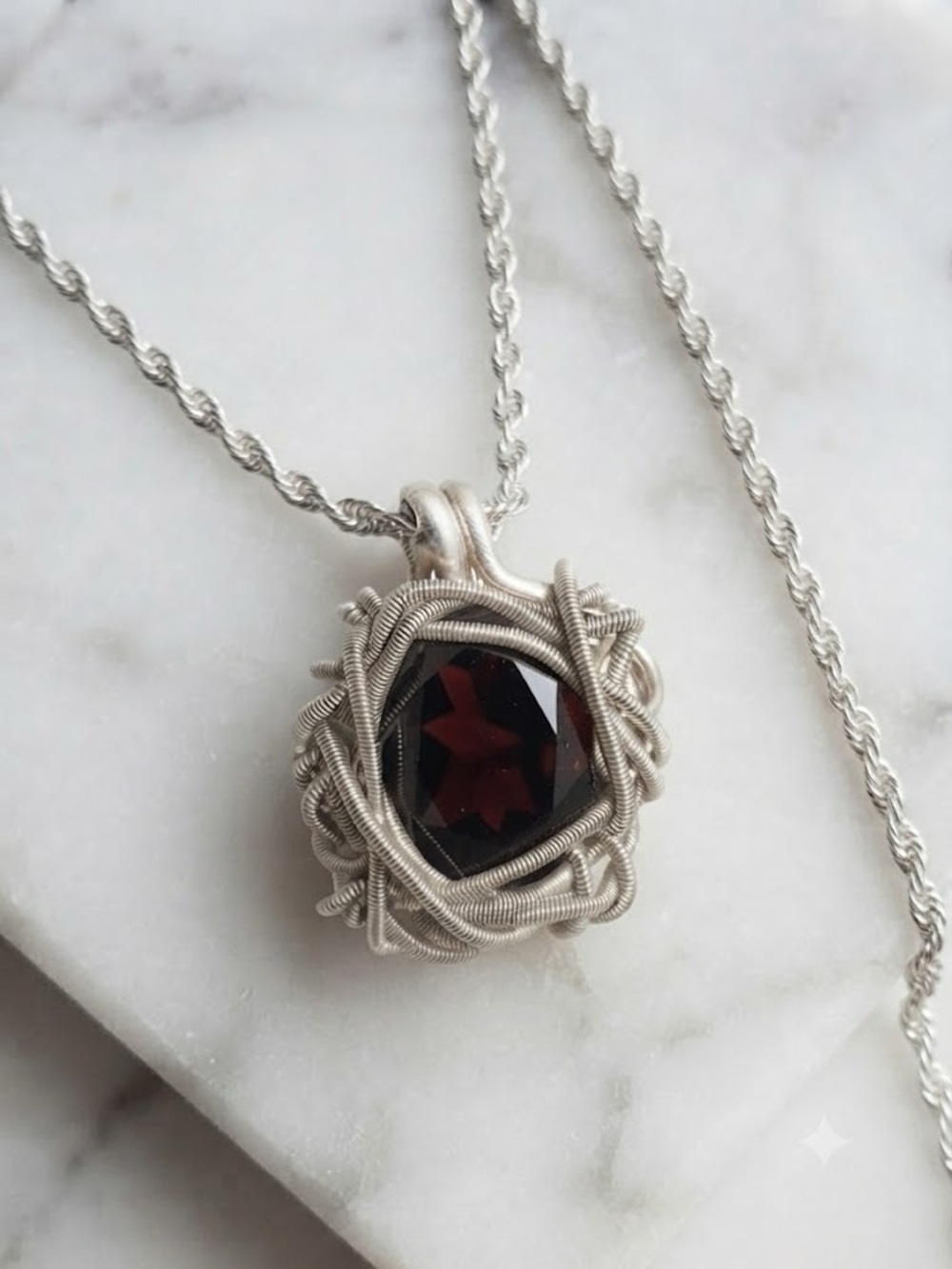 Large Sterling Silver Wire-Wrap Garnet Pendant